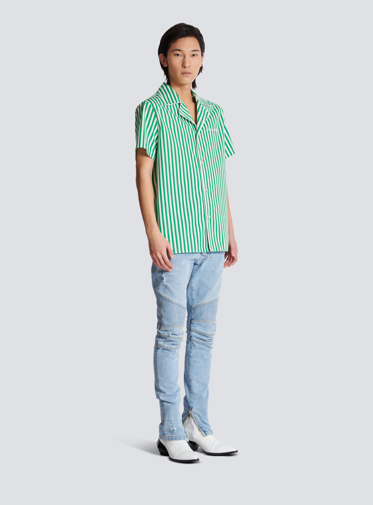 Chemise pyjama à manches courtes en coton rayé - Vert & Blanc