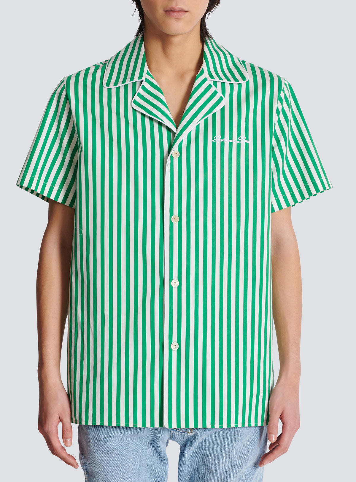Chemise pyjama à manches courtes en coton rayé - Vert & Blanc