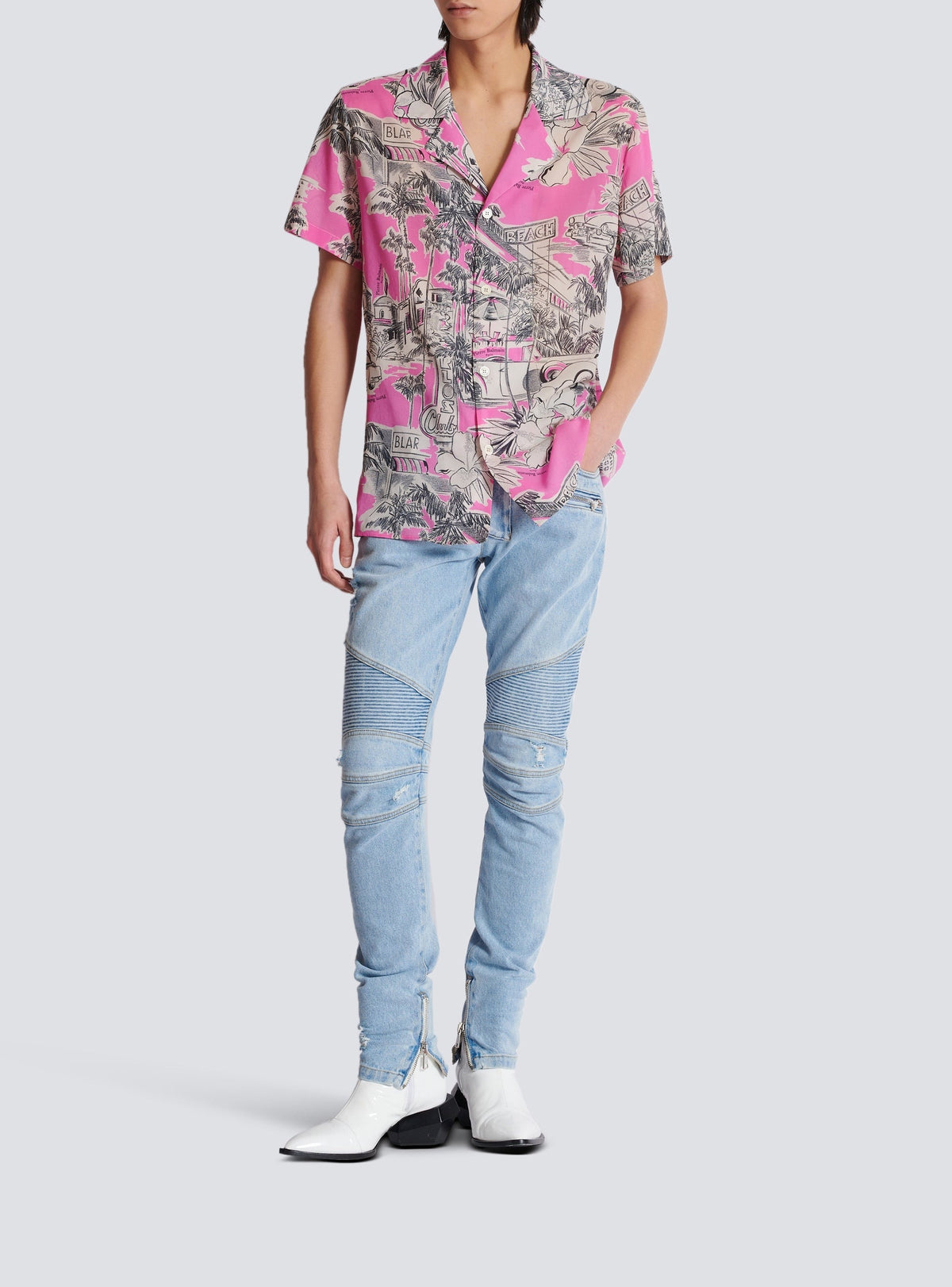 Chemise imprimée miami en soie - Rose & Blanc