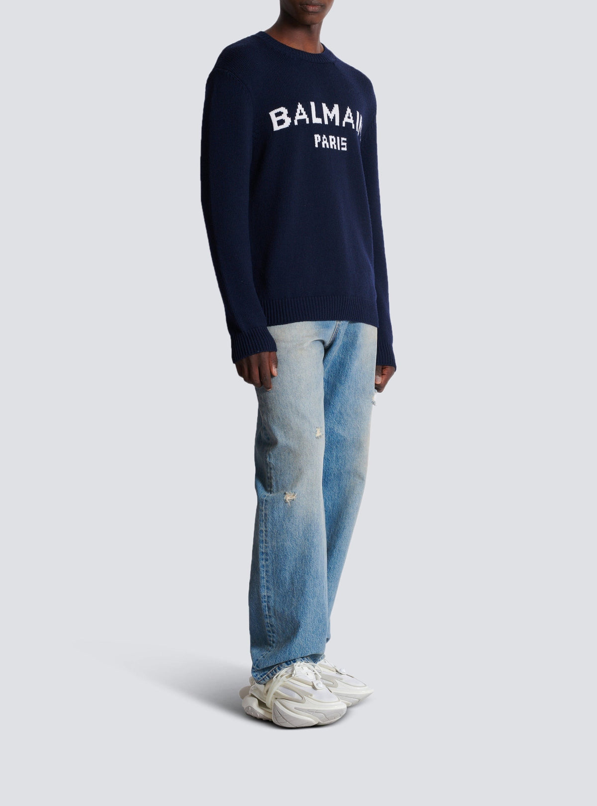 Pull à col rond en laine - Bleu Marine & Blanc