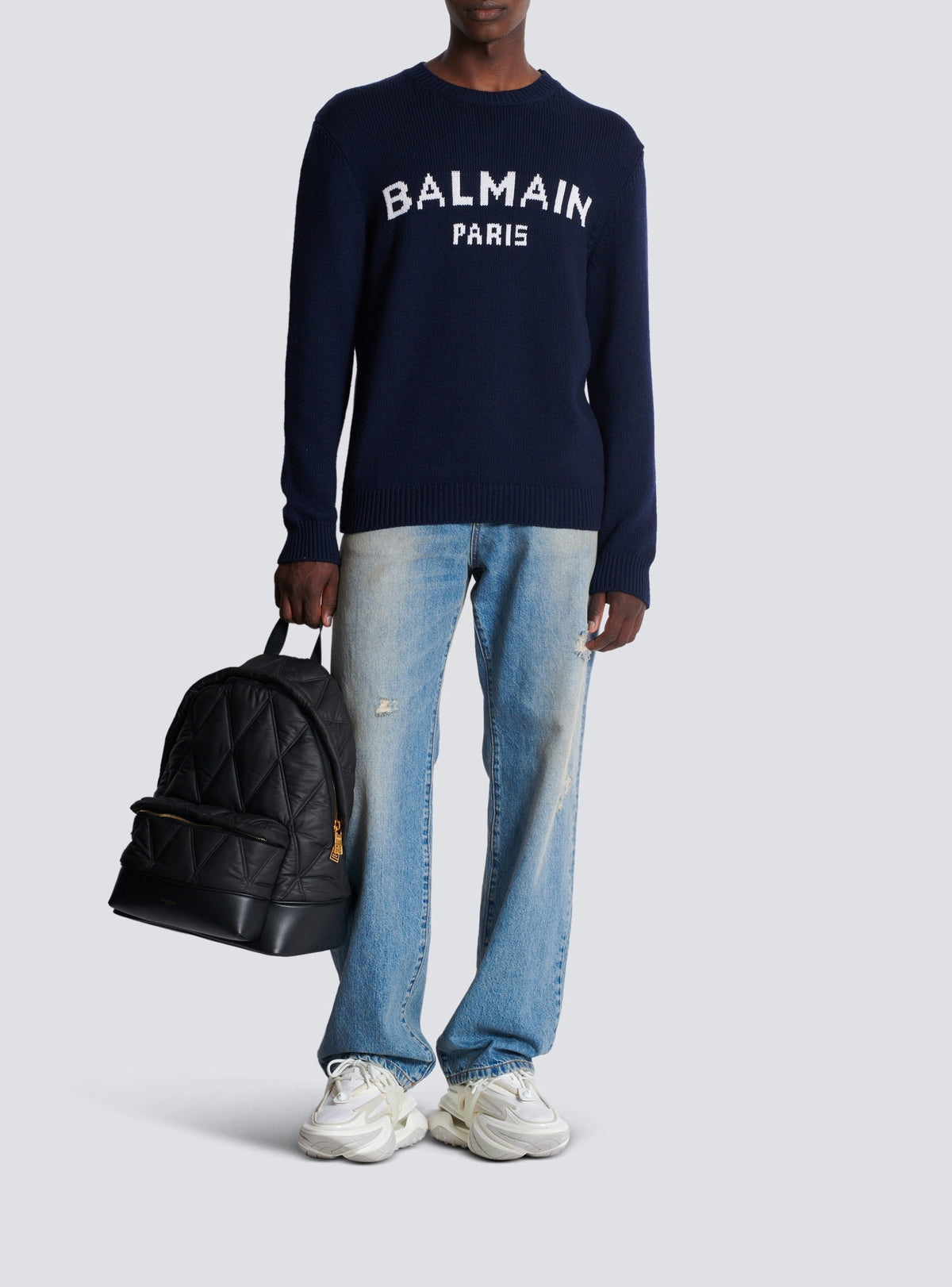 Pull à col rond en laine - Bleu Marine & Blanc