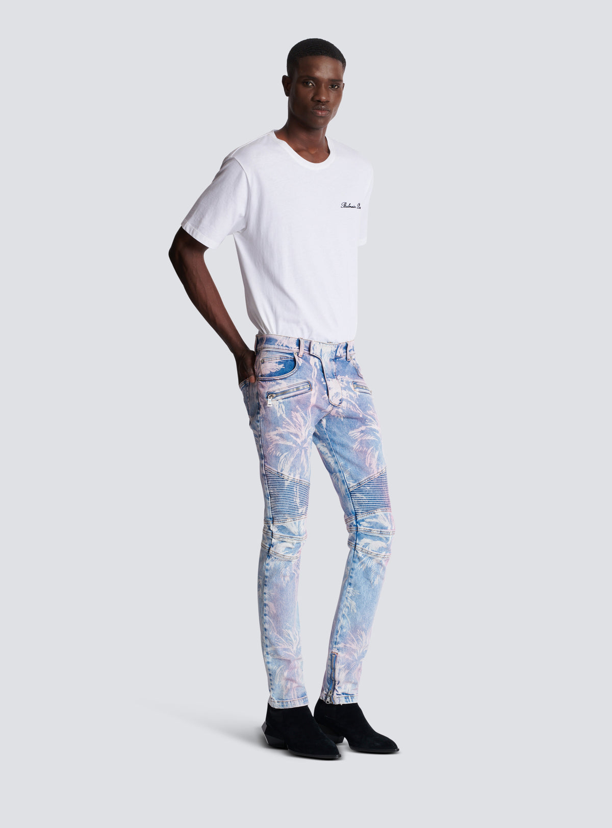 Jean biker en denim imprimé palmier - Bleu Jean