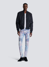Jean biker en denim imprimé palmier - Bleu Jean