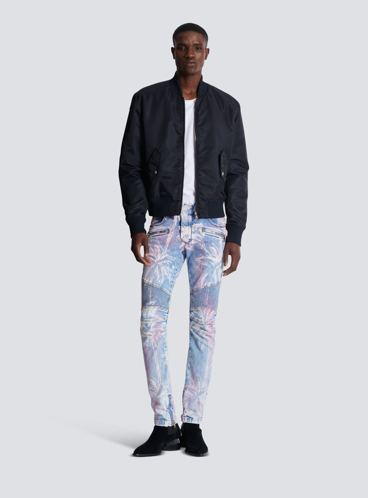 Jean biker en denim imprimé palmier - Bleu Jean
