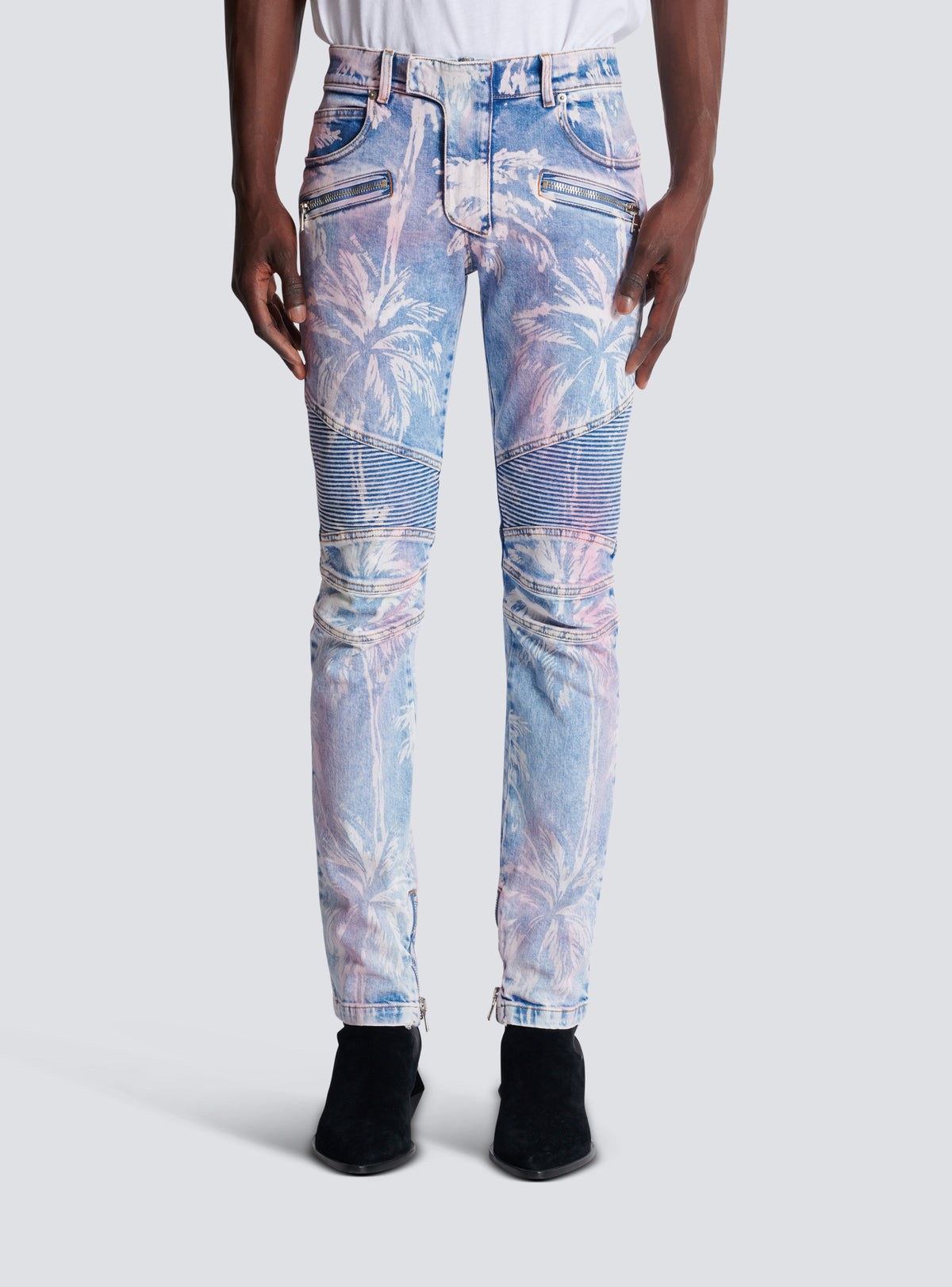 Jean biker en denim imprimé palmier - Bleu Jean