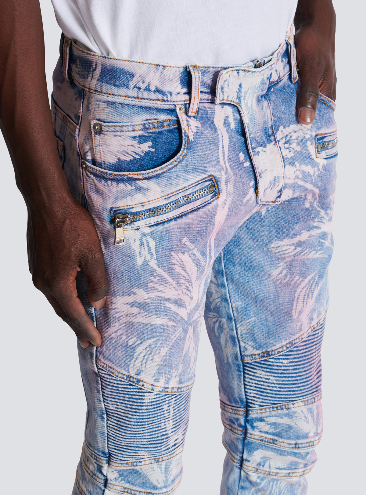 Jean biker en denim imprimé palmier - Bleu Jean