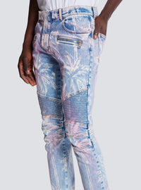 Jean biker en denim imprimé palmier - Bleu Jean