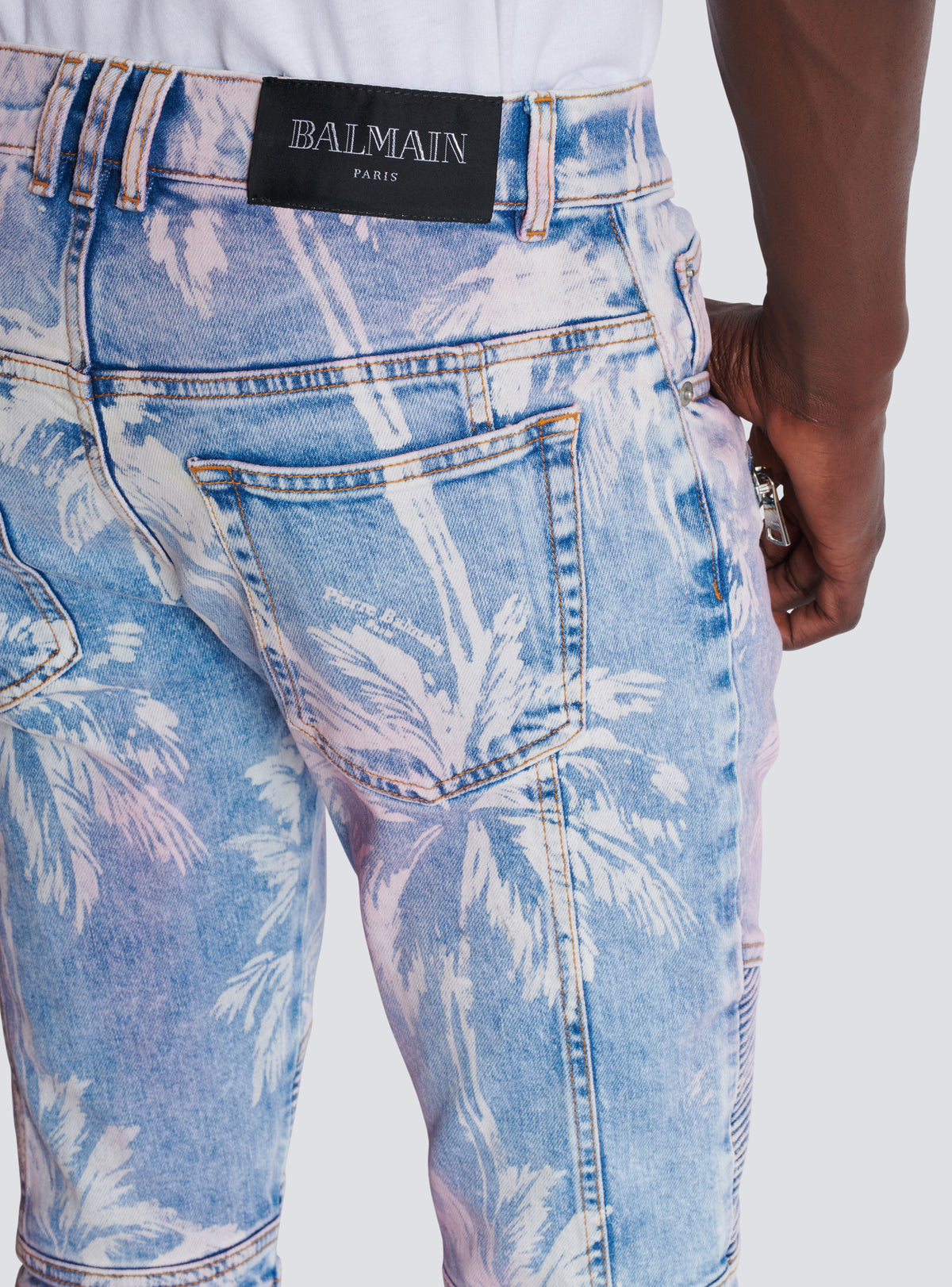 Jean biker en denim imprimé palmier - Bleu Jean