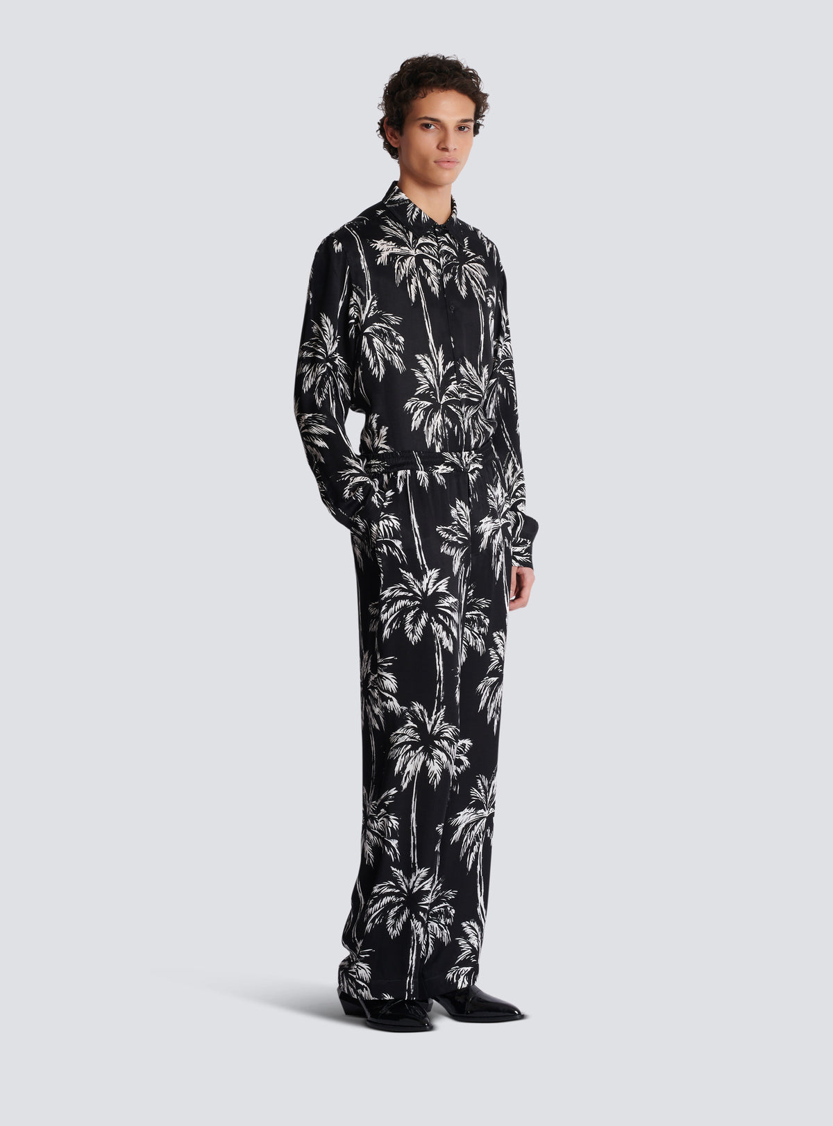 Pantalon de pyjama en satin imprimé palmier - Noir & Blanc