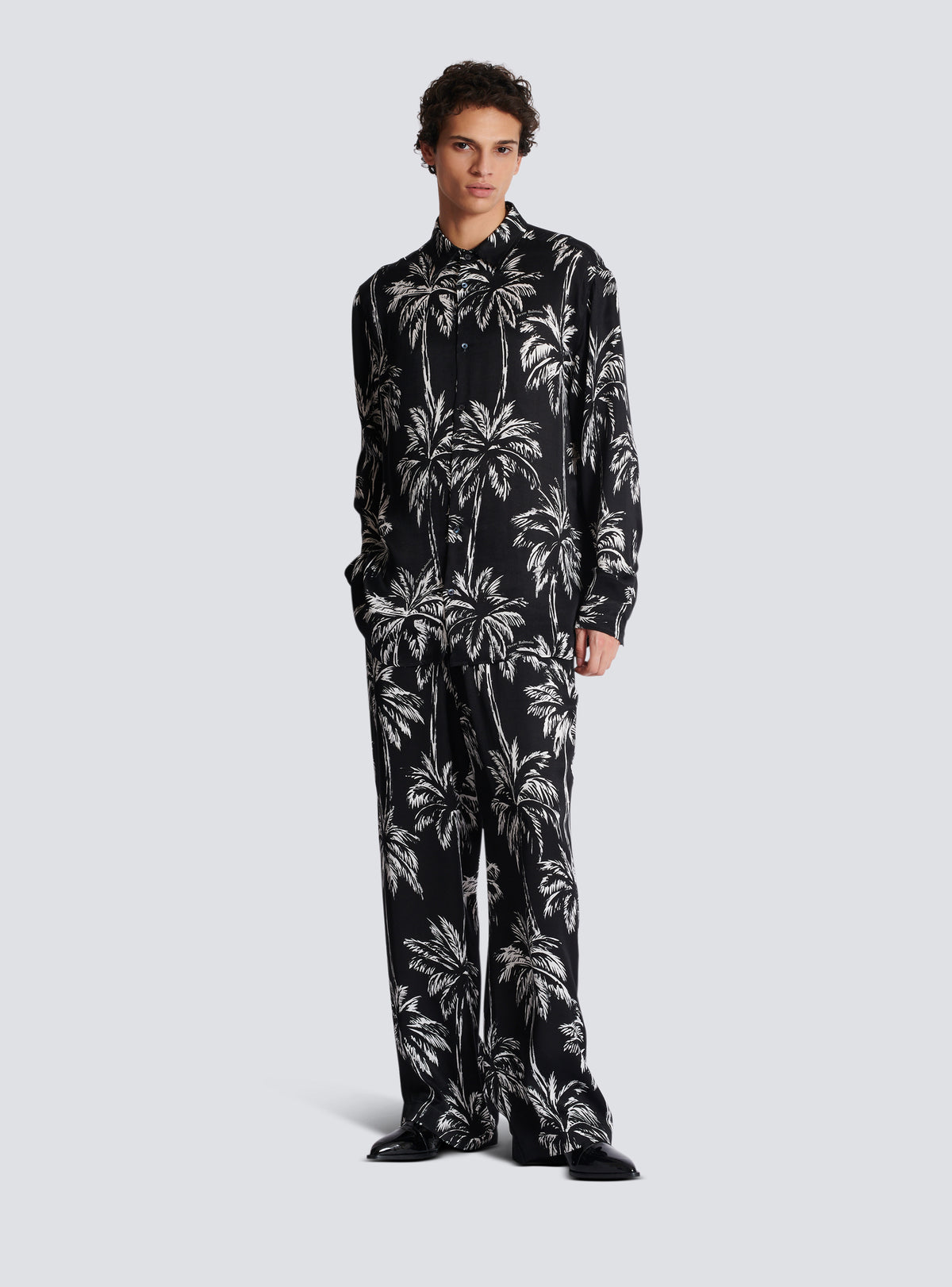 Pantalon de pyjama en satin imprimé palmier - Noir & Blanc