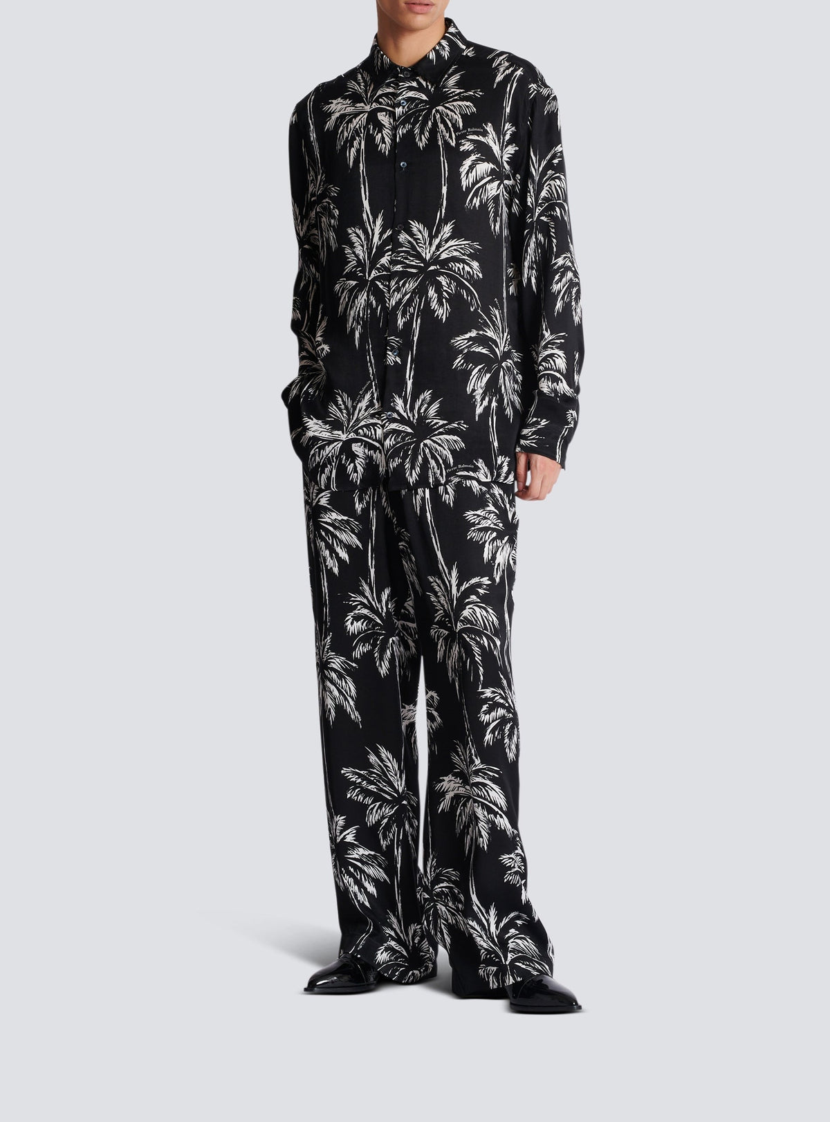 Palm tree print satin pajama pants - Black & White