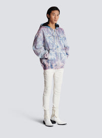 Bomber en denim imprimé palmier à capuche - Bleu Jean