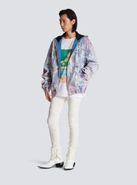 Bomber en denim imprimé palmier à capuche - Bleu Jean