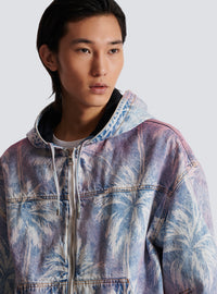 Bomber en denim imprimé palmier à capuche - Bleu Jean