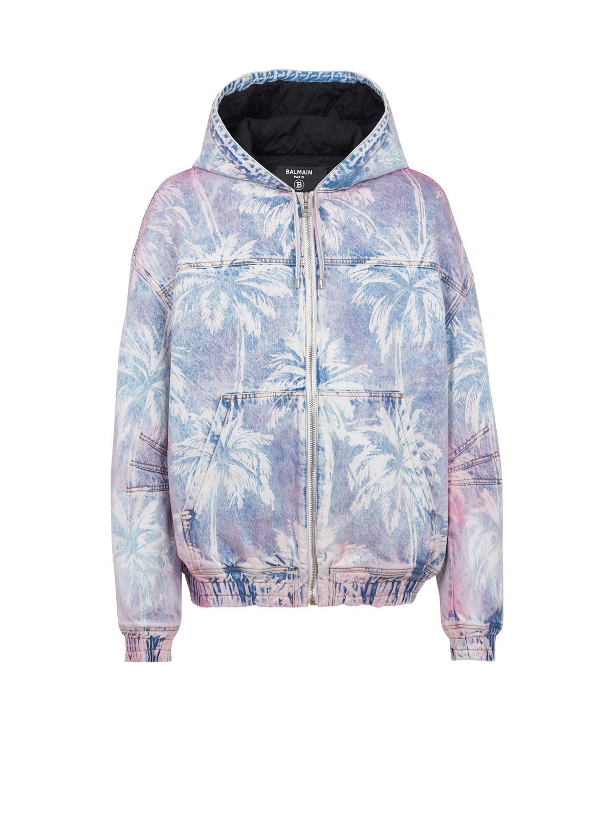 Bomber en denim imprimé palmier à capuche - Bleu Jean