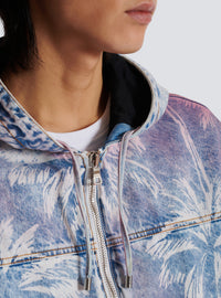 Bomber en denim imprimé palmier à capuche - Bleu Jean