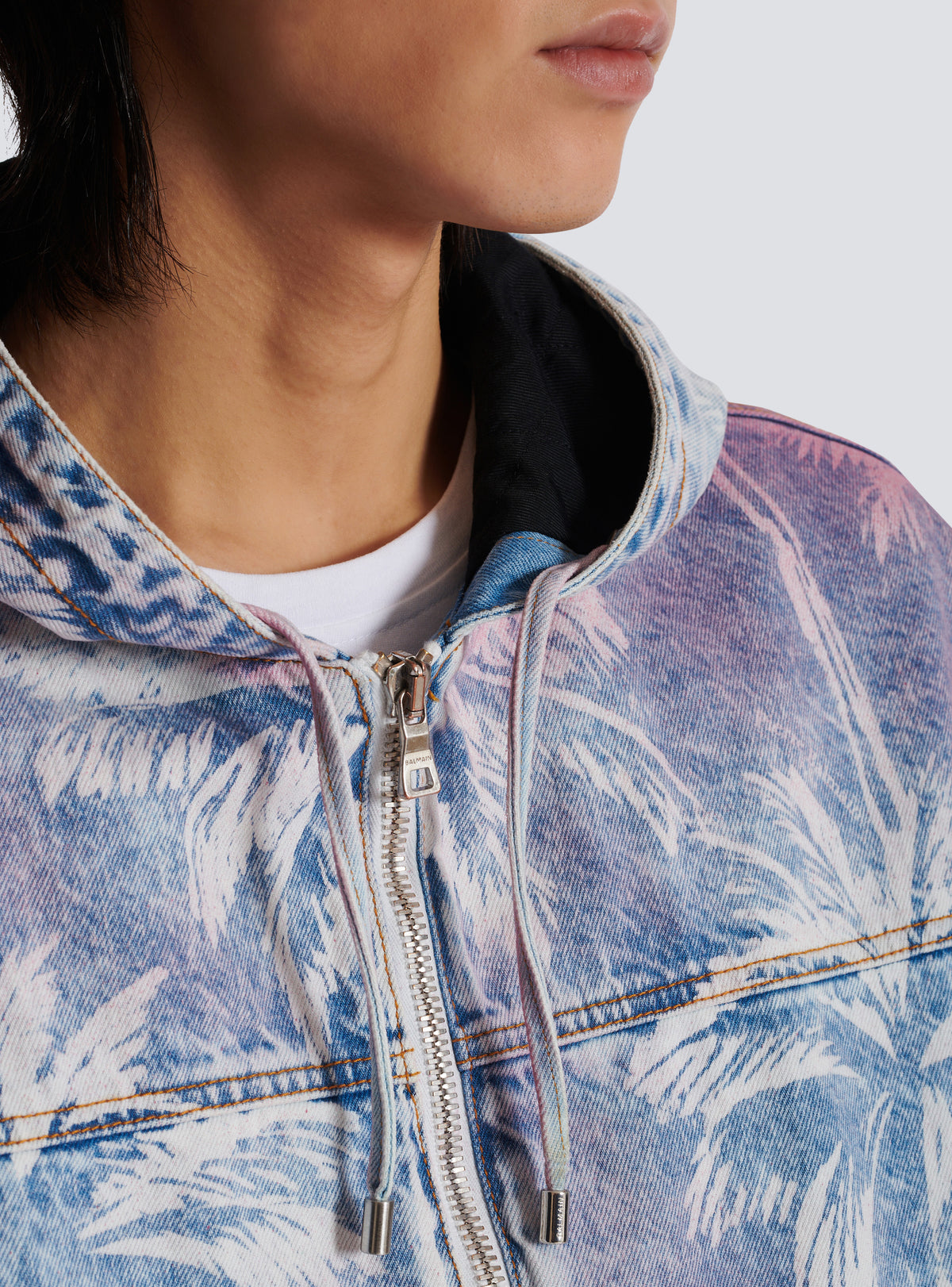 Bomber en denim imprimé palmier à capuche - Bleu Jean