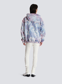 Bomber en denim imprimé palmier à capuche - Bleu Jean