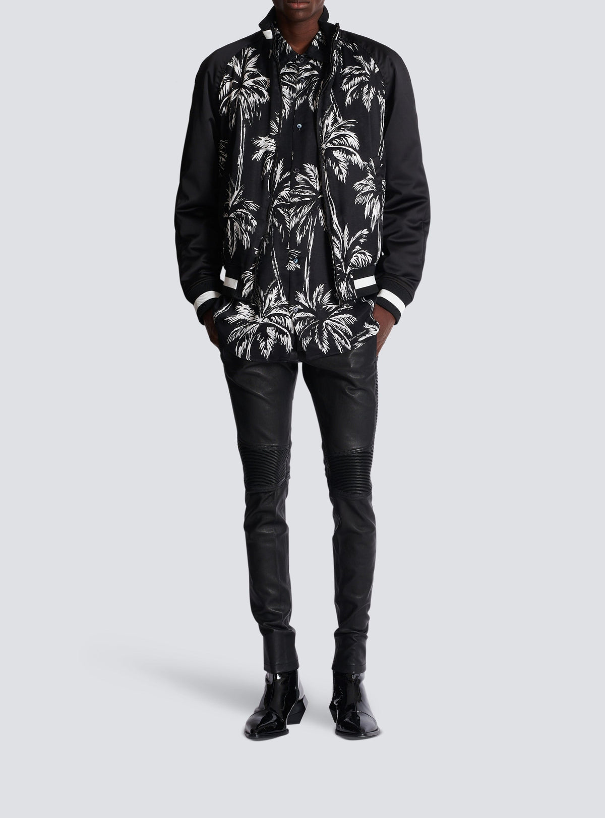 Palm tree print satin bomber - Black & White