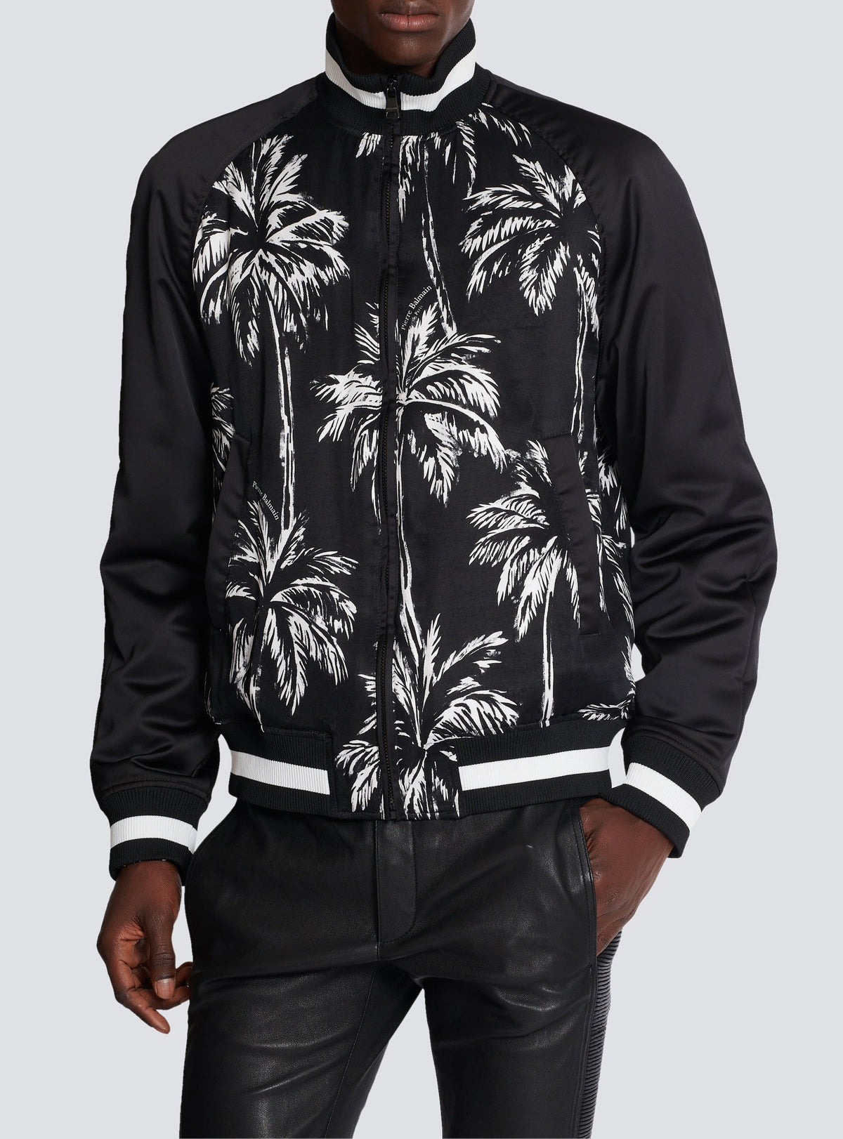 Palm tree print satin bomber - Black & White
