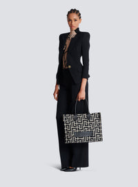 Sac cabas b-army 42 en jacquard monogramme et cuir - Ivoire & Noir