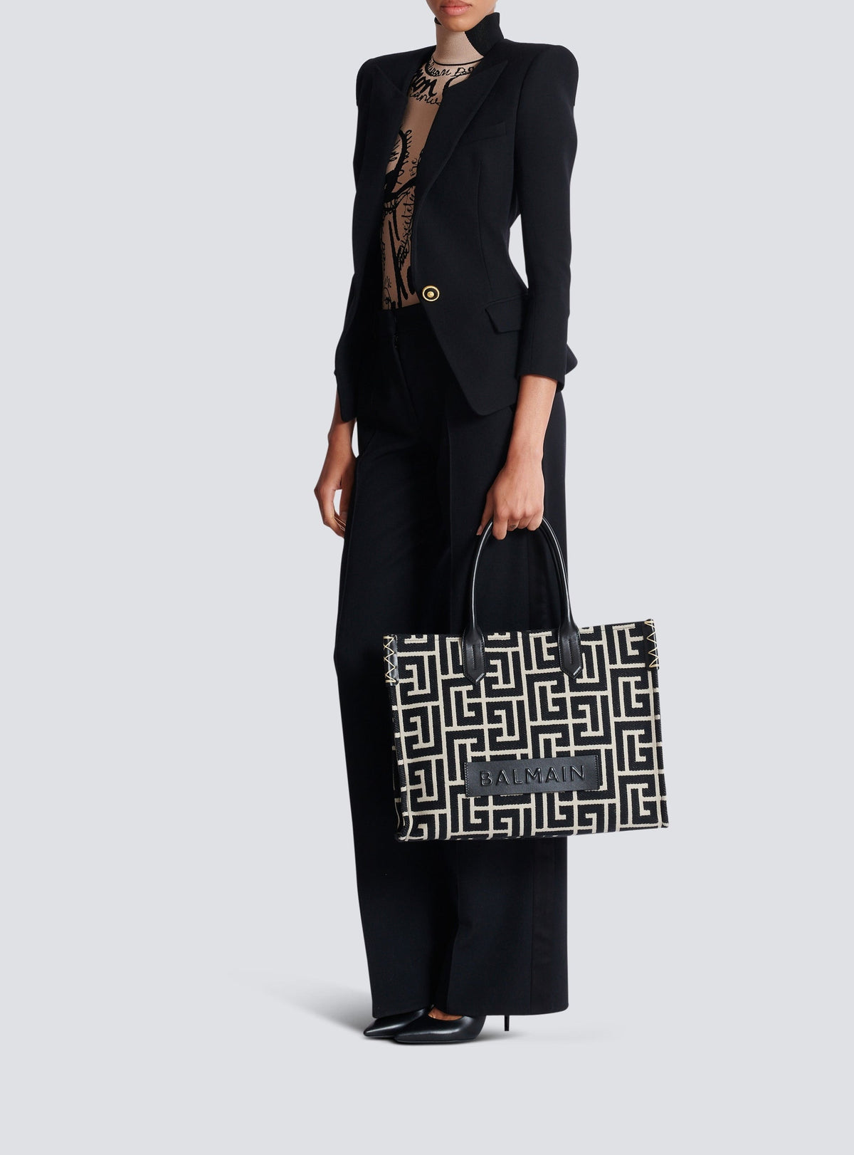 Sac cabas B-Army 42 en jacquard et cuir - Ivoire & Noir