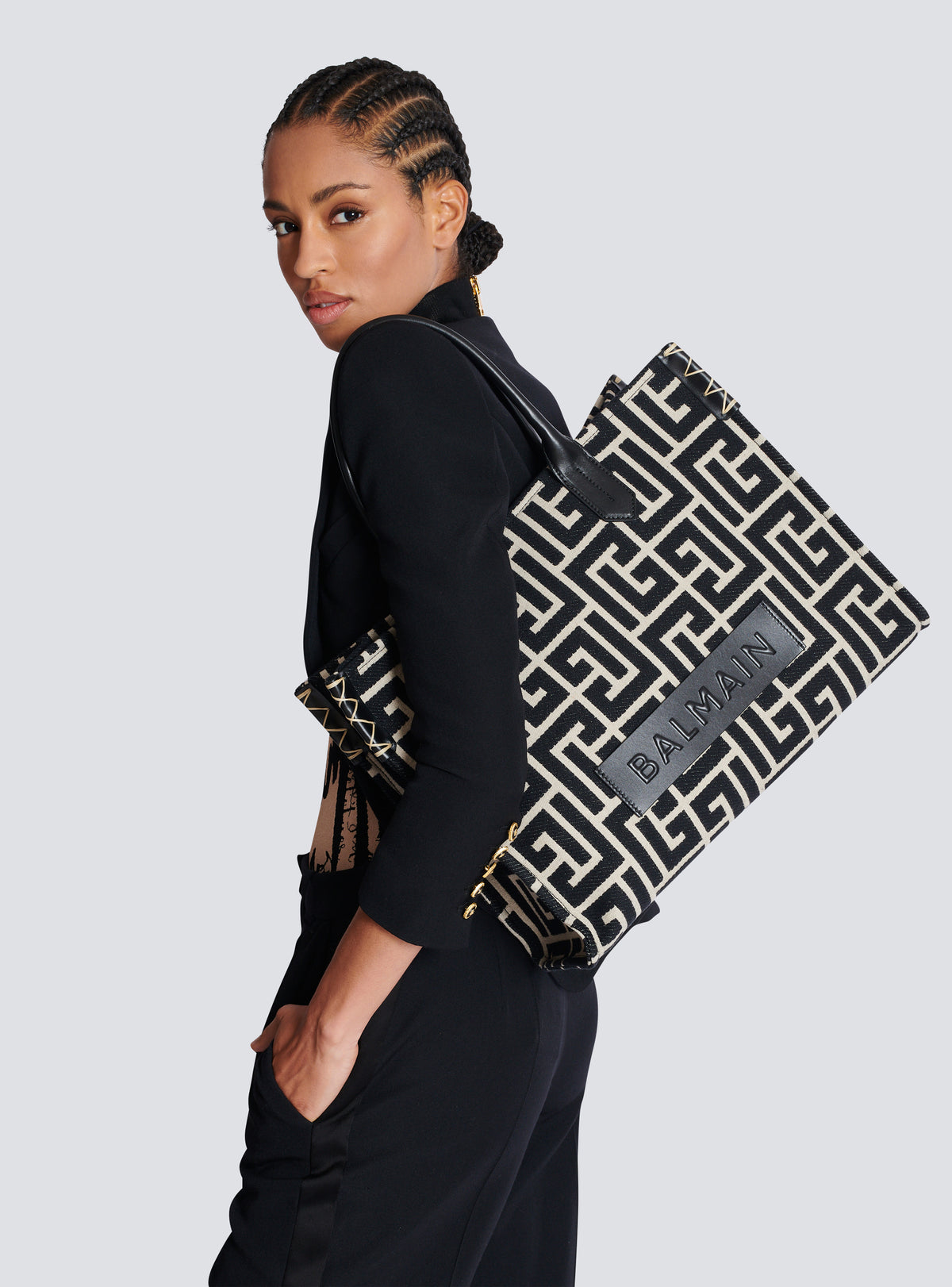 Sac cabas b-army 42 en jacquard monogramme et cuir - Ivoire & Noir