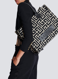 Sac cabas B-Army 42 en jacquard et cuir - Ivoire & Noir