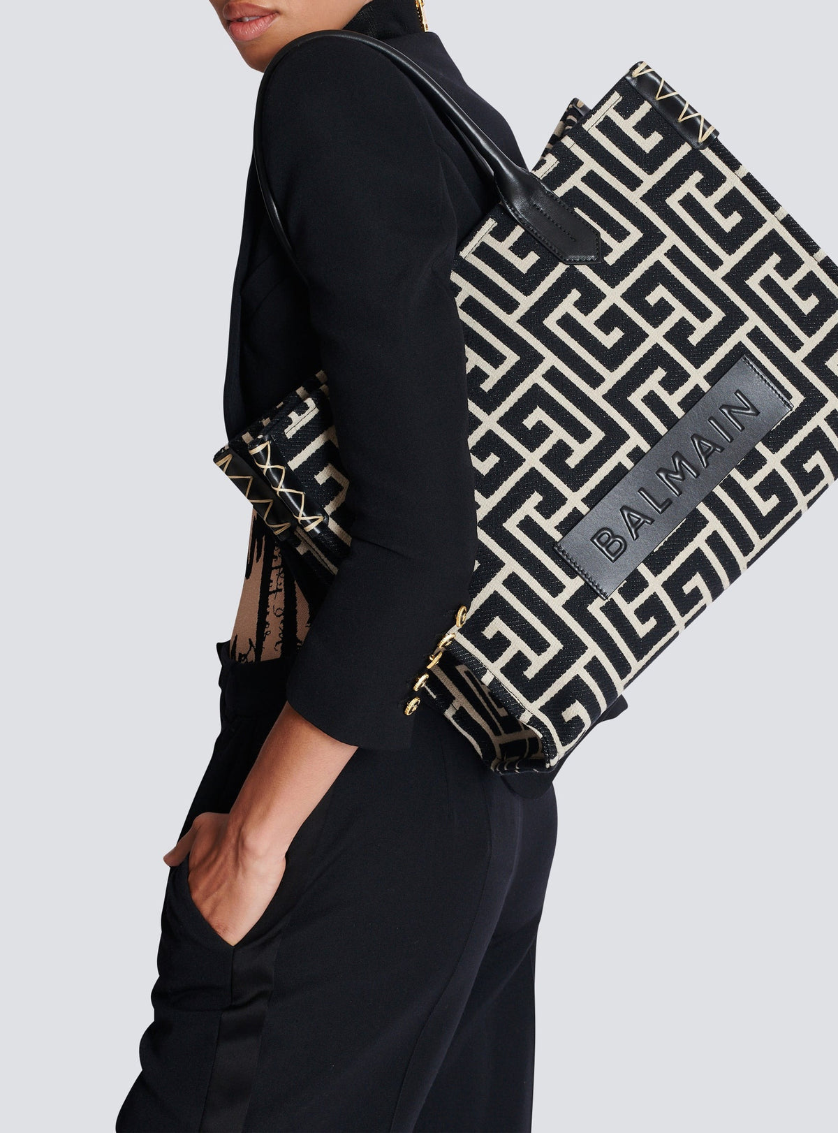 Sac cabas B-Army 42 en jacquard et cuir - Ivoire & Noir