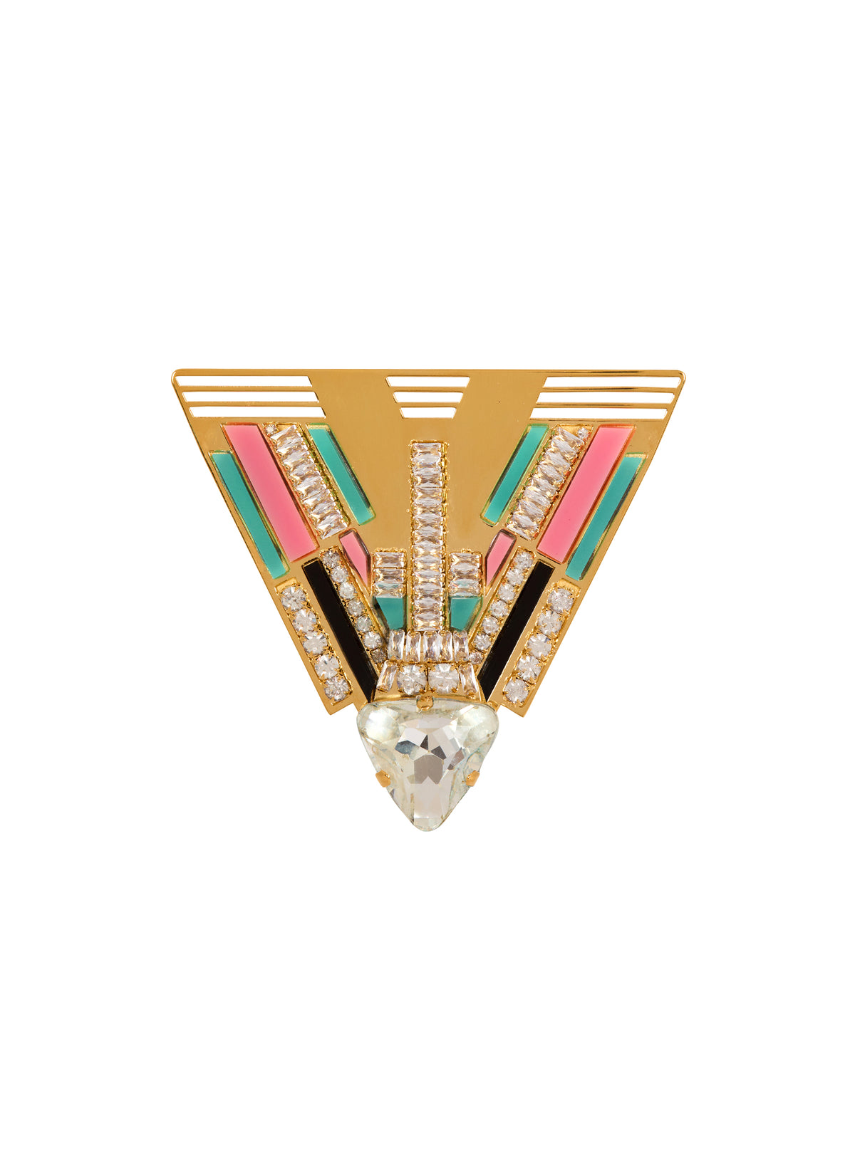 Art Deco Brass and Crystal Brooch - Multicolor