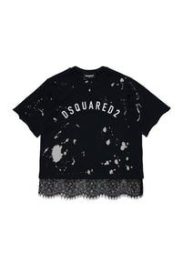 T-shirt délavé avec dentelle - Black
