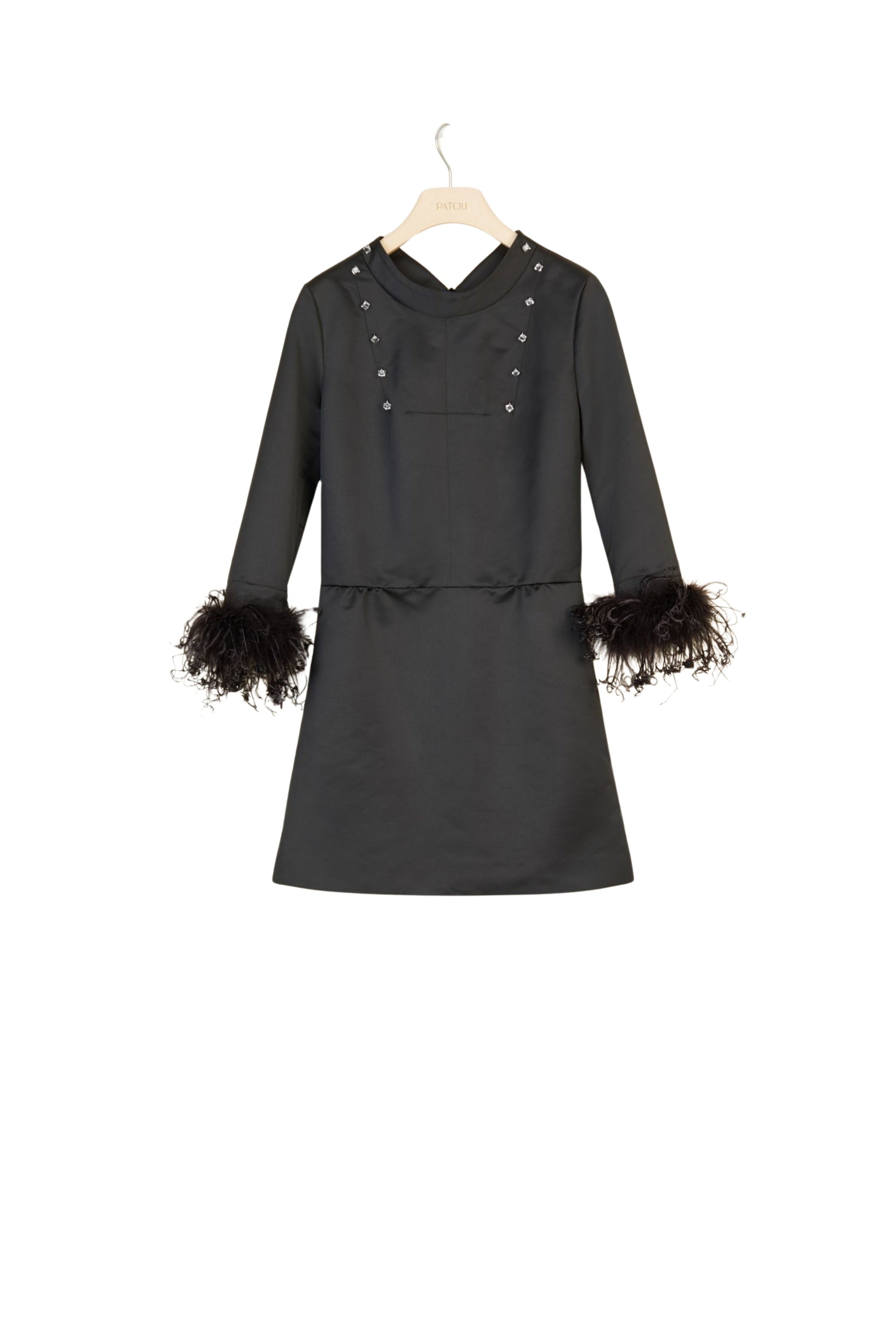 Satin dress with removable feather cuffs - Black