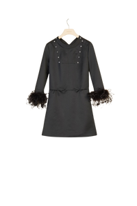 Robe en satin à poignets en plumes amovibles - Noir