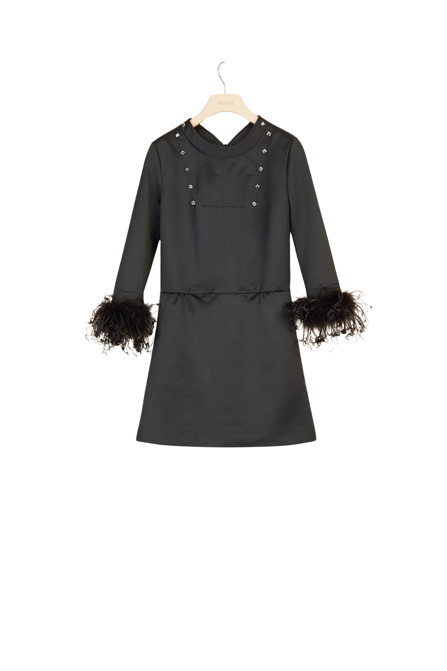 Robe en satin à poignets en plumes amovibles - Noir