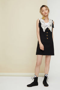 Safari dress with cotton crochet collar - Black