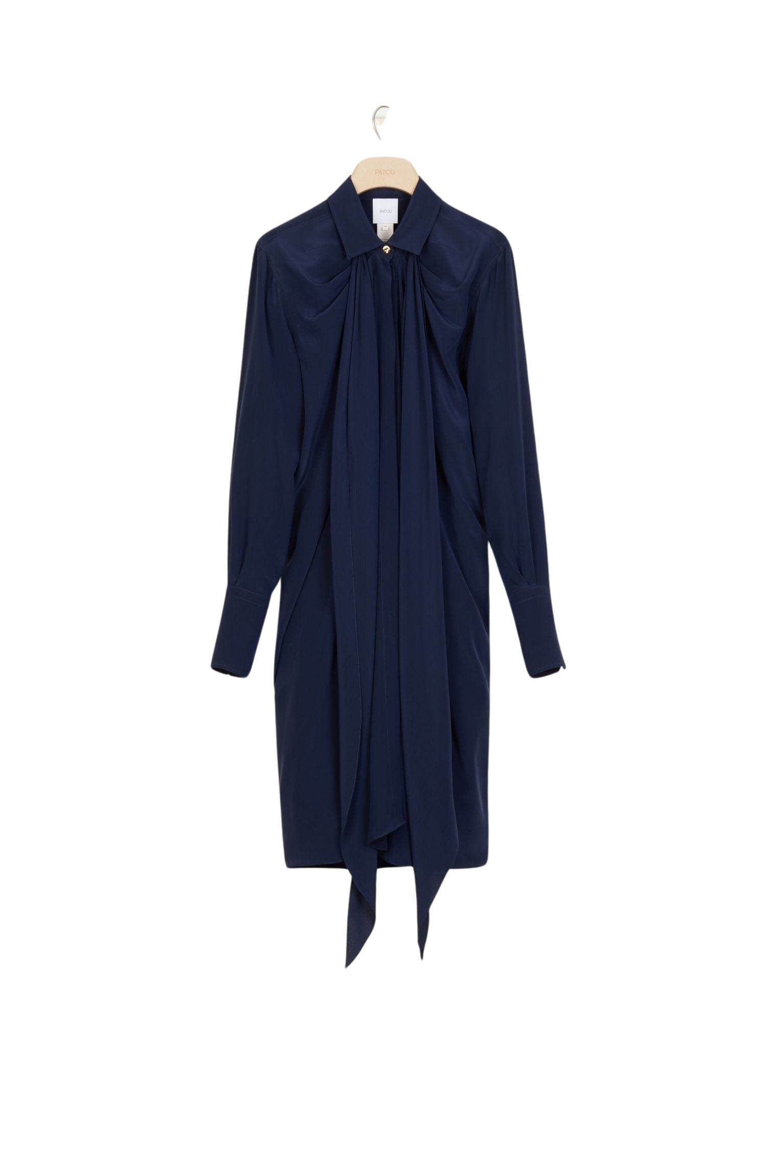 Robe chemise courte à col lavallière en soie - Bleu Marine