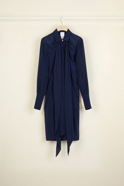 Bleu Marine Robe chemise courte en soie à col lavallière