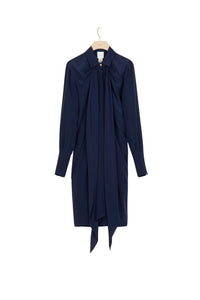 Short silk shirt dress with lavallière collar - Navy blue