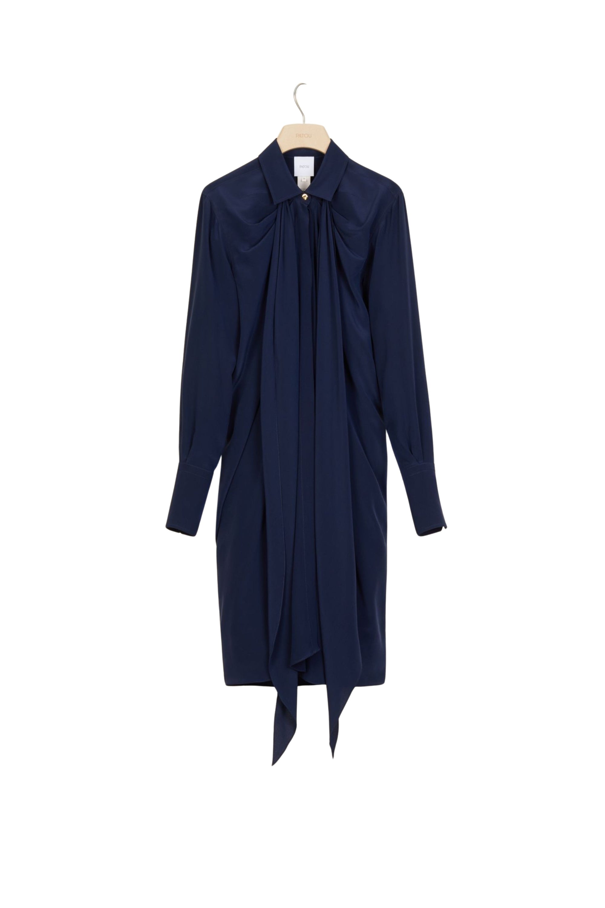 Short silk shirt dress with lavallière collar - Navy blue