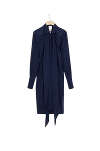 Robe chemise courte en soie à col lavallière - Bleu Marine