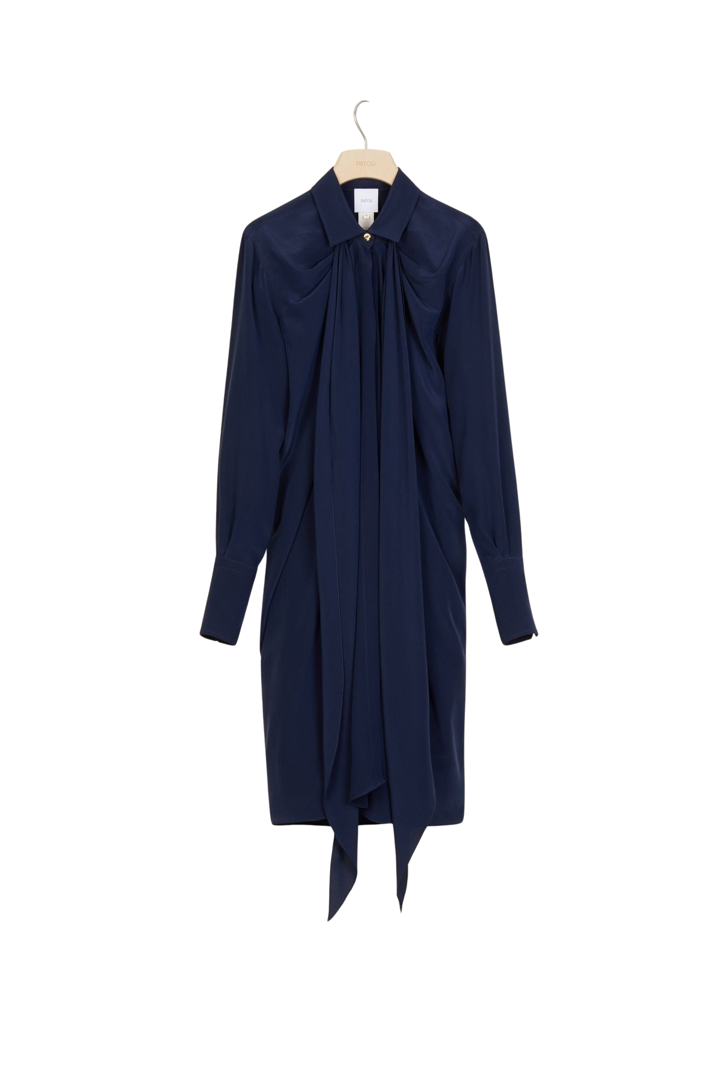 Robe chemise courte en soie à col lavallière - Bleu Marine
