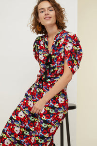 Gathered floral dress with bows - Flowers Bloom