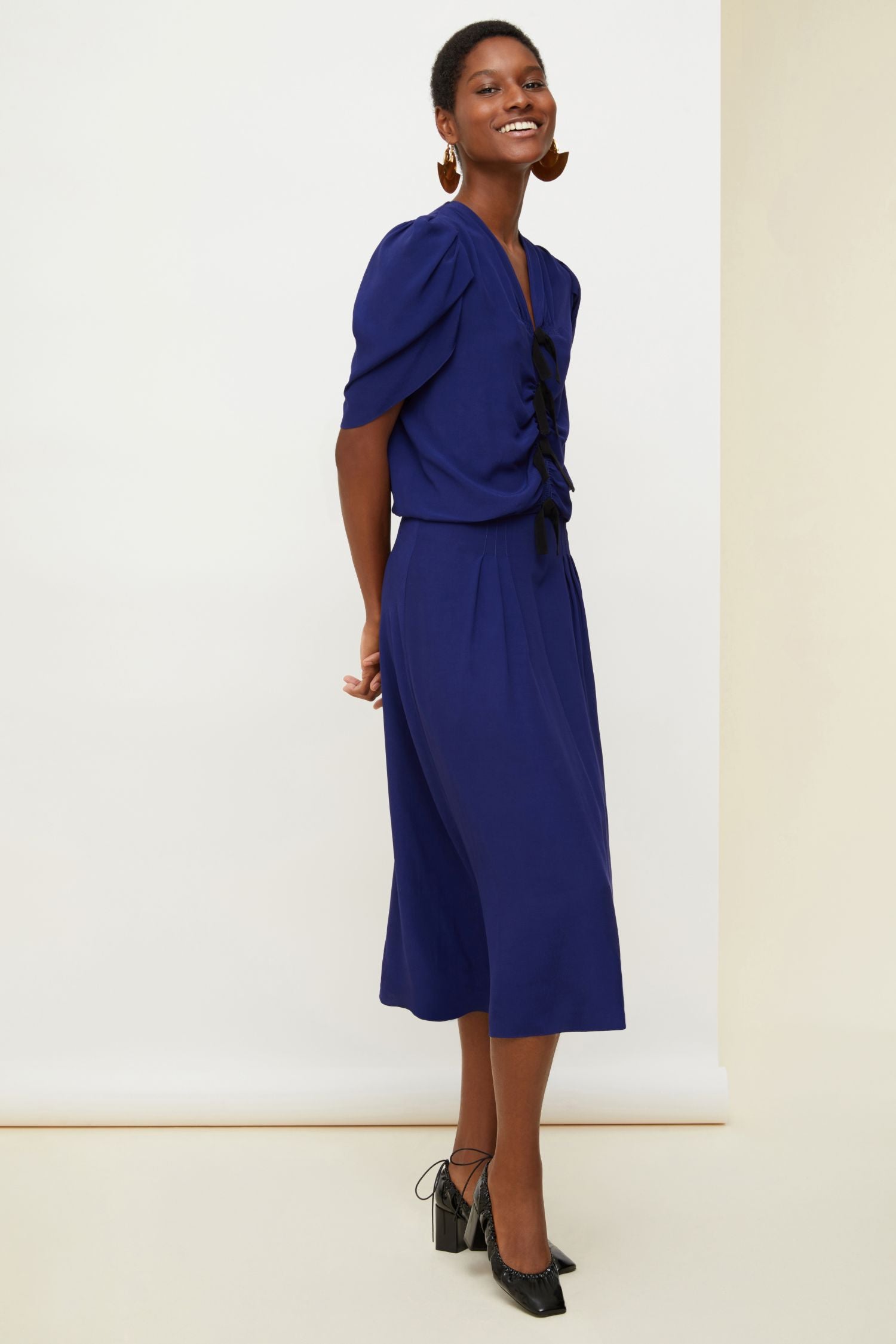 Gathered bow dress - Persian Blue
