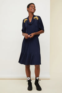 Robe midi à smocks - Bleu Saphir