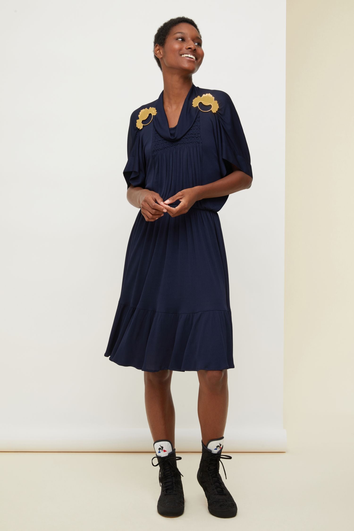 Robe midi à smocks - Bleu Saphir
