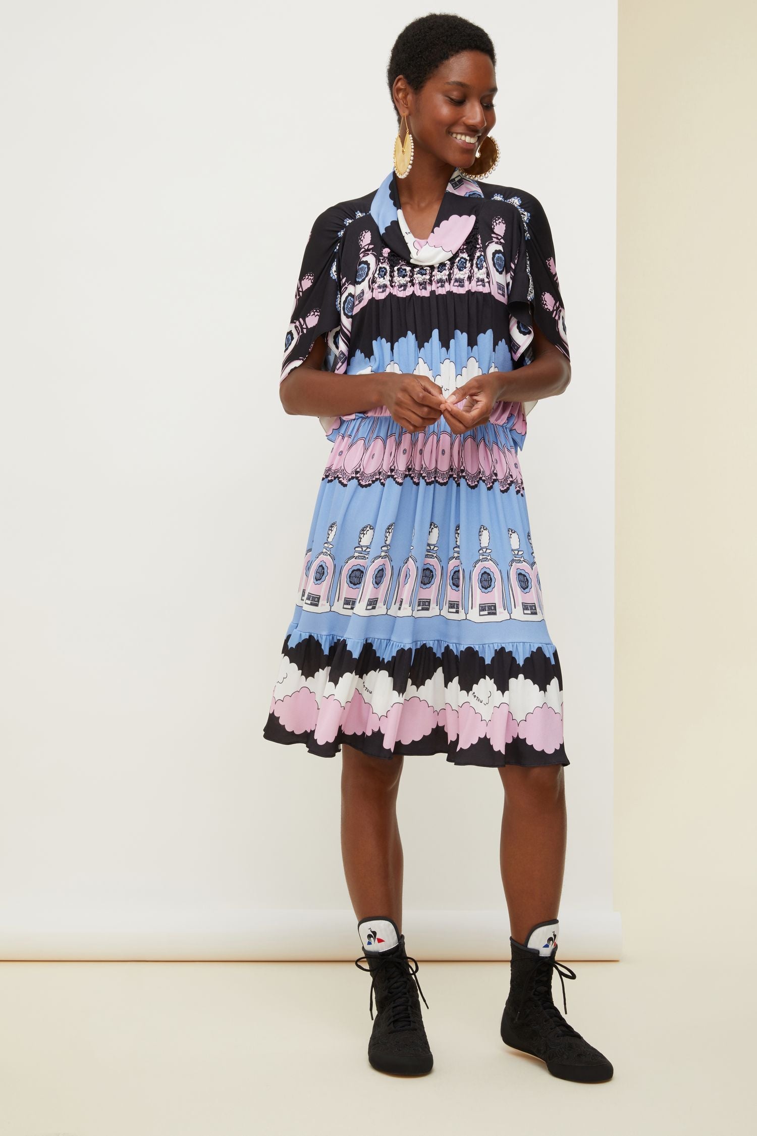 Robe midi imprimée à smocks - Imprimé Clouds