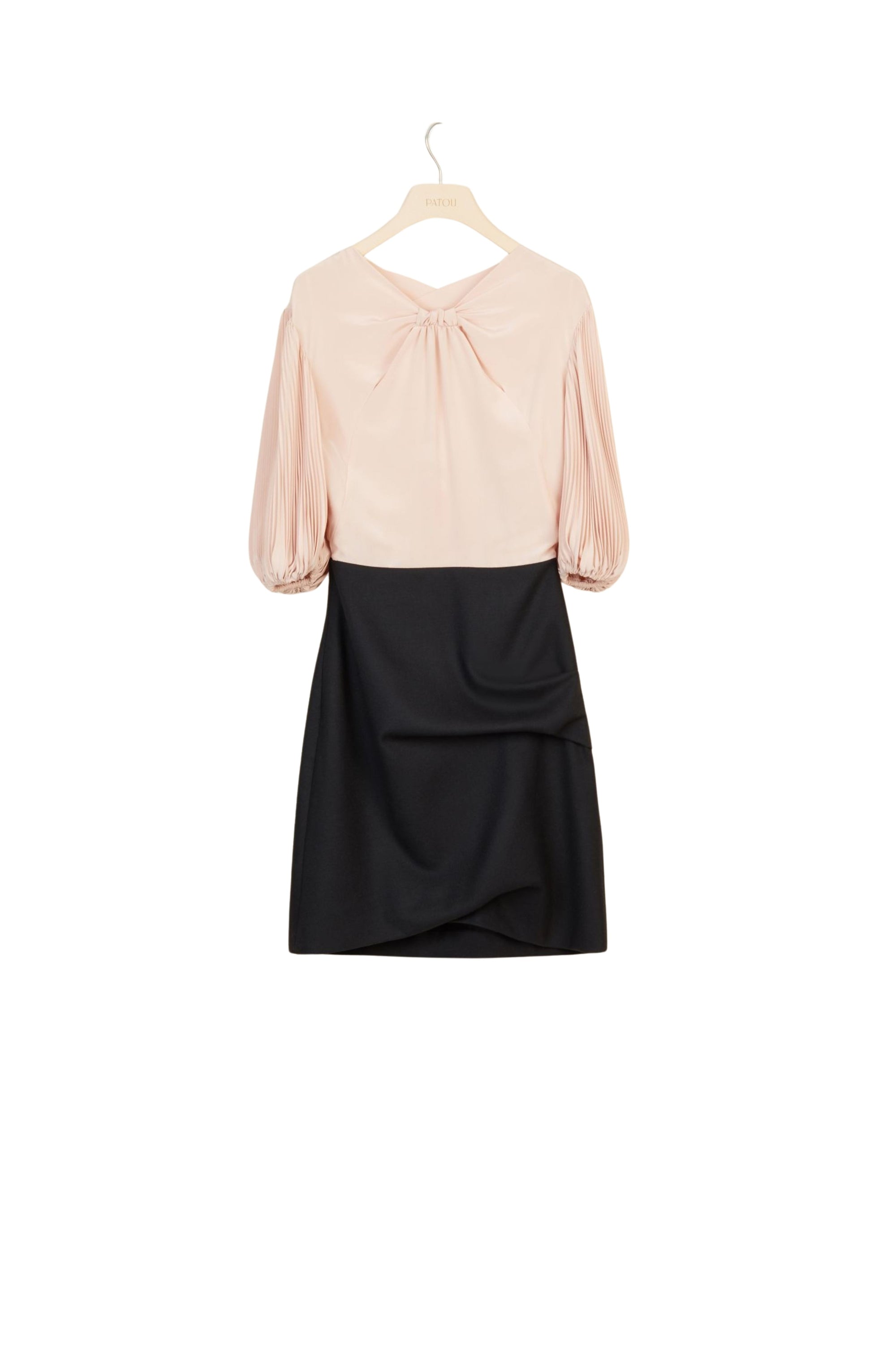 Silk and wool short dress with pleated sleeves - Golden Beige
