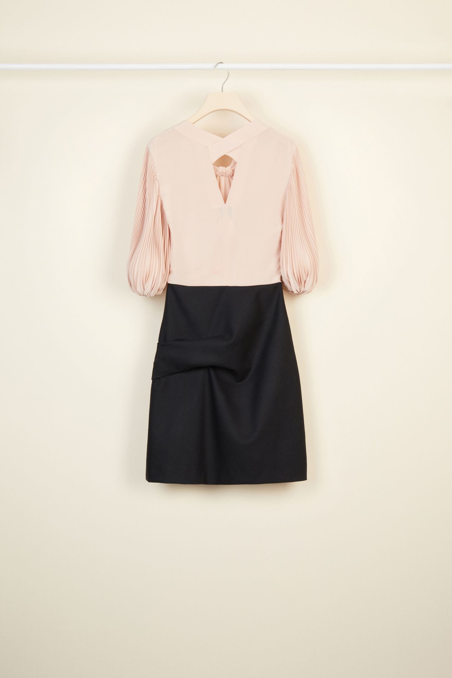 Robe courte en soie et laine à manches plissées - Beige Doré