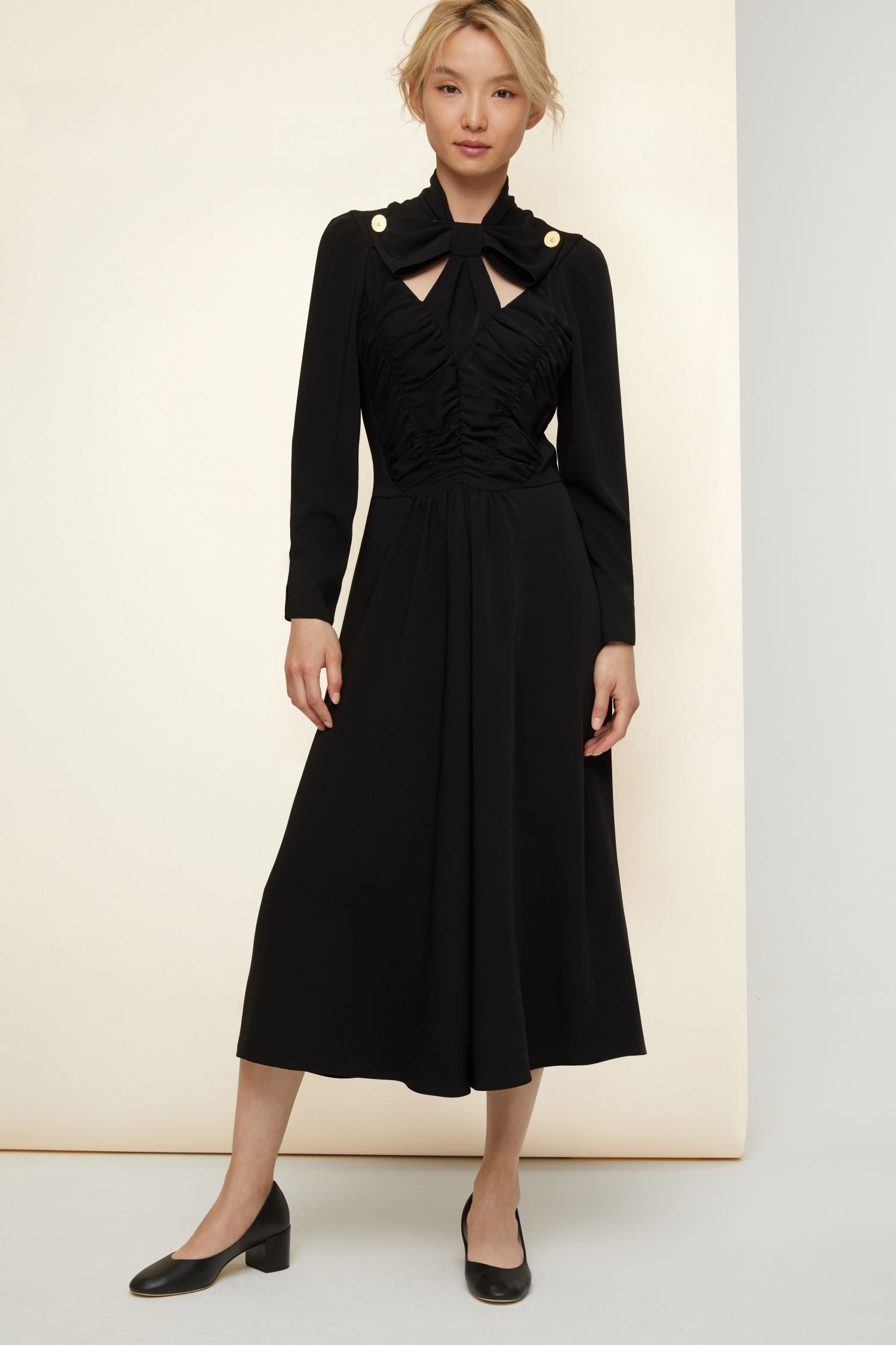 Robe midi à col noeud ajouré - Noir