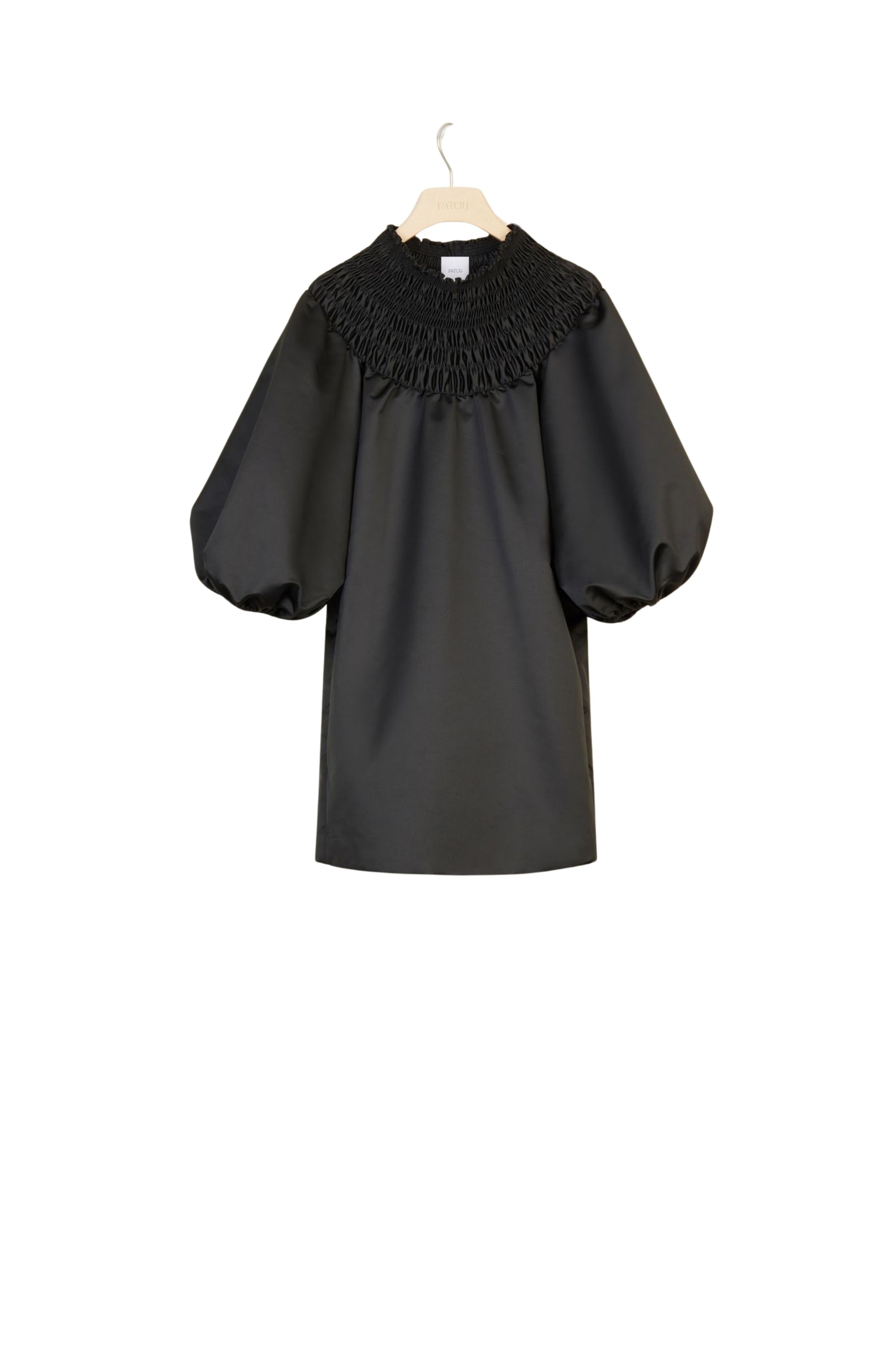 Short satin dress with smocked collar - Black